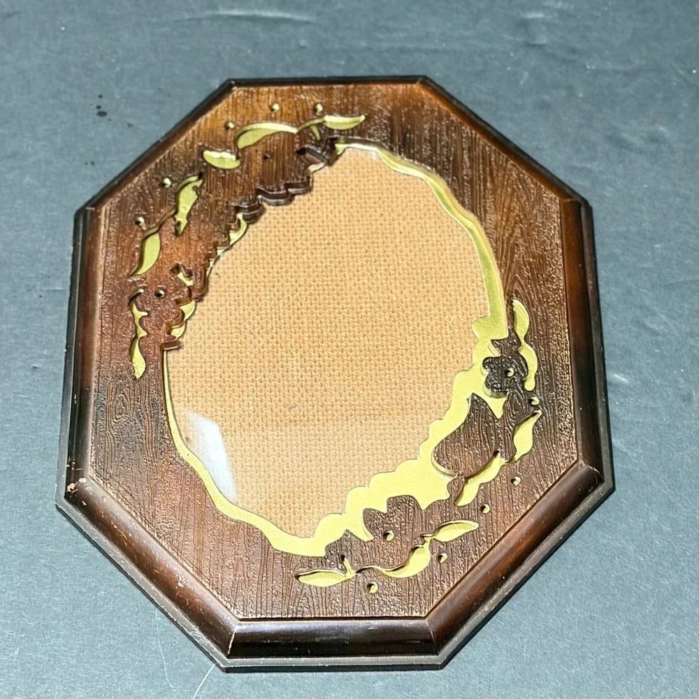 Vintage Octagonal Faux Wood Picture Frame Gold Floral Filigree 8x6.5